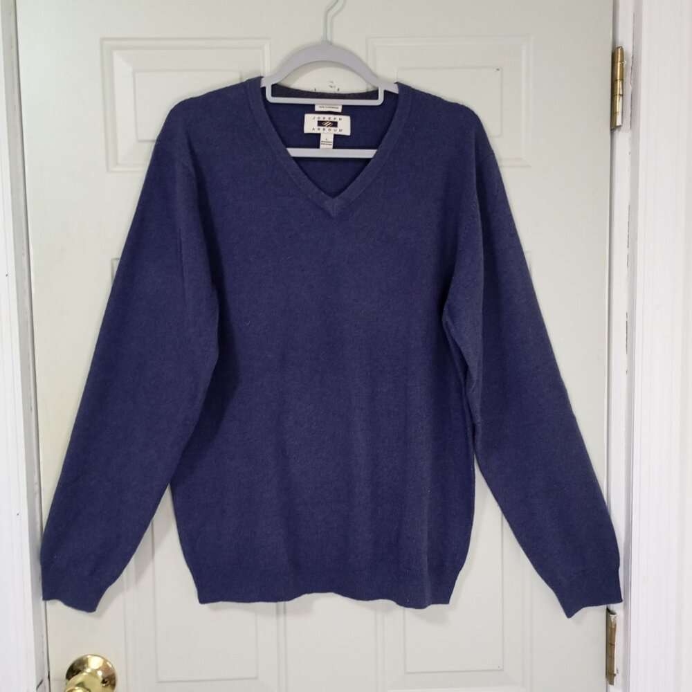 Joseph Abboud Mens V-Neck Sweater L 100% Cashmere Navy Blue